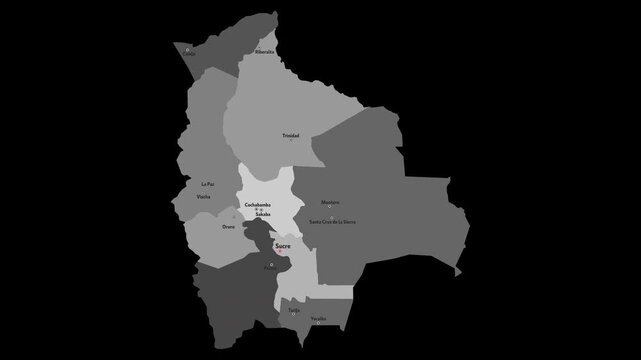 Vector map of Bolivia with names of cities and with borders city