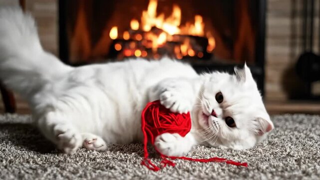 Fluffy white cat swatting red yarn ball by cozy fireplace. Playful persian kitten engaging with toy on floor. Indoor pet fun and relaxation concept.