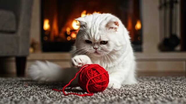 Fluffy white cat plays with red yarn ball by fireplace. Sequence shows pet sitting, swatting toy, then engaging in cozy indoor fun. Adorable feline interaction concept.
