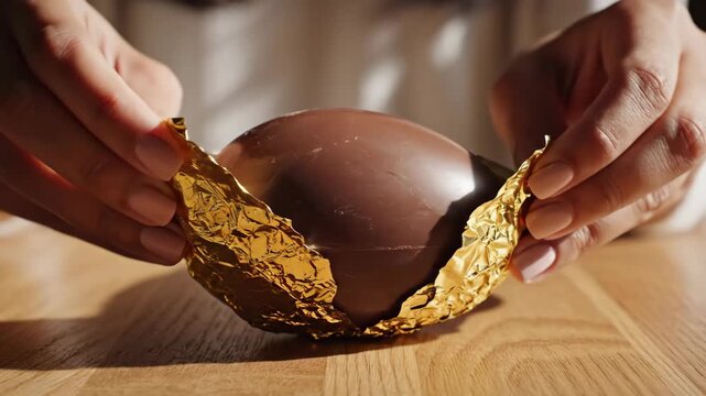 Woman peeling gold foil from chocolate egg in three steps. Female hands unwrapping festive treat. Easter confection revealing process for holiday enjoyment.