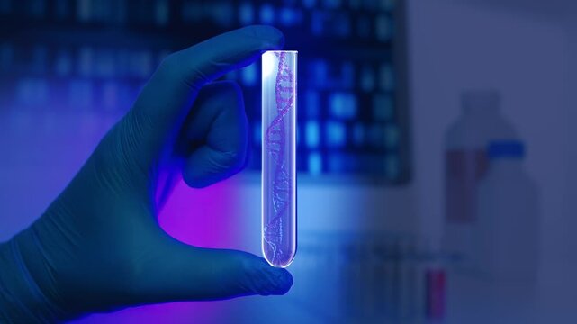 3D rendering of rotating DNA helix, animated human genetic molecule strand with futuristic glowing particles, close up hands holding test tube in science laboratory for DNA, RNA, mRNA research