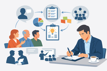 Professional Businessman Writing Project Requirements and Gathering Client Feedback with Stakeholders, Analyzing Data, Checklists, and Creative Ideas for Effective Business Strategy Planning.