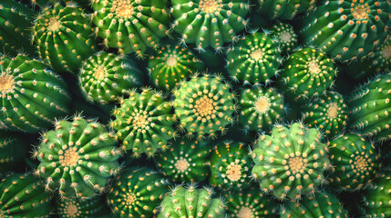Fototapeta premium Close-up of vibrant green cactus plants with yellow spines