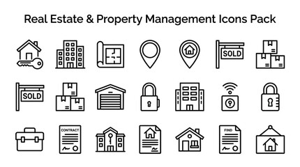 Fototapeta premium Comprehensive line art icons set illustrating various essential elements for real estate and modern property management services effectively.