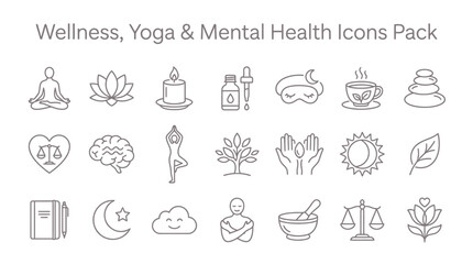 Fototapeta premium Collection of minimal line art icons representing essential wellness, yoga, mindfulness, and complete mental health concepts.