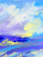 Fototapeta premium Abstract Impressionistic Landscape of Vibrant Colorful Sunset Sunrise Meadow Valley Field in Bloom w/Wispy Clouds in sky -Digital Painting, Art, Illustration, Design, in Aqua,Purple,Lavender, & Yellow