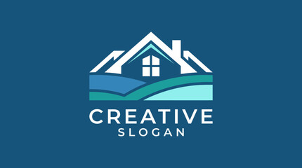 Fototapeta premium A modern logo design featuring a house silhouette against flowing waves, representing innovation in real estate branding, ideal for agents looking to stand out.