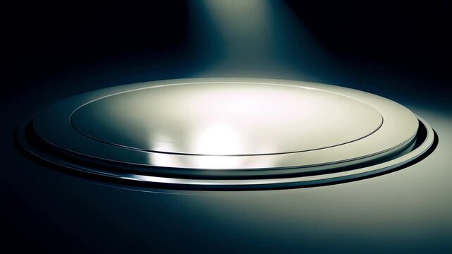 A sleek circular platform with concentric metal rings sits under a focused spotlight, its polished surface catching soft highlights against a deep, shadowy background, evoking a display stage.