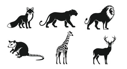 Fototapeta premium Diverse Wild Animal Silhouettes Collection: Fox, Panther, Lion, Opossum, Giraffe, and Deer Icons for Nature and Wildlife Designs
