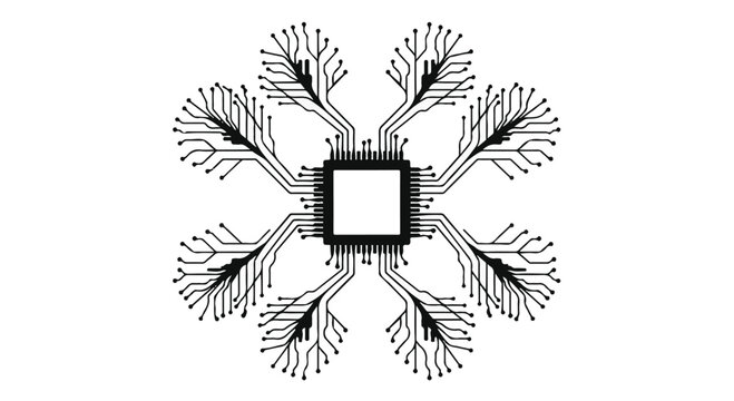 Abstract circuit board design with branching connections and central square, symbolizing technology and innovation