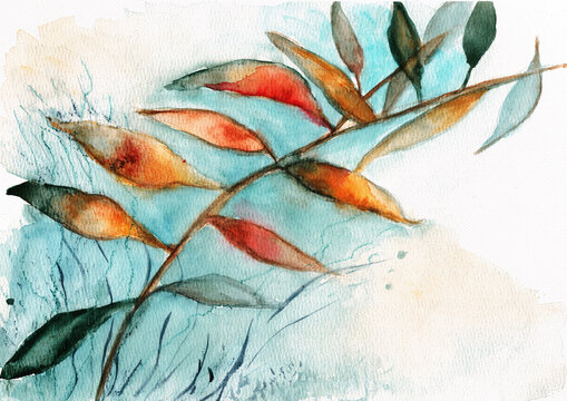 Hand Painted Watercolor Botanical Branch with Warm Autumn Leaves on Turquoise Background