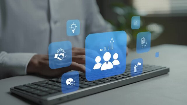 Upskilling concept. Person typing keyboard with learning and skill development icons, professional training, knowledge improvement and career advancement.