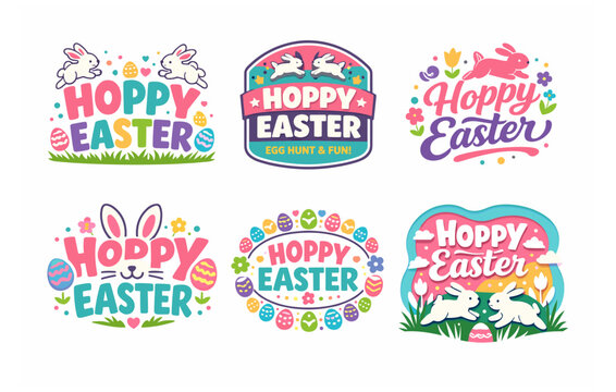 Colorful hoppy easter designs with bunnies and eggs in spring theme