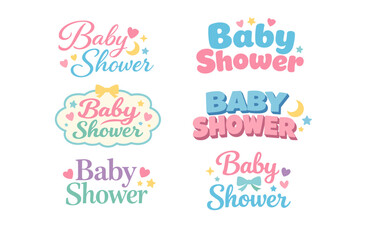 Colorful baby shower text designs with hearts and stars in pastel colors