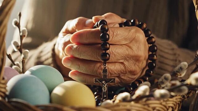 Elderly hands clasping rosary beads with cross in basket. Prayer moment surrounded by colored eggs and willow branches. Religious faith and easter devotion concept.