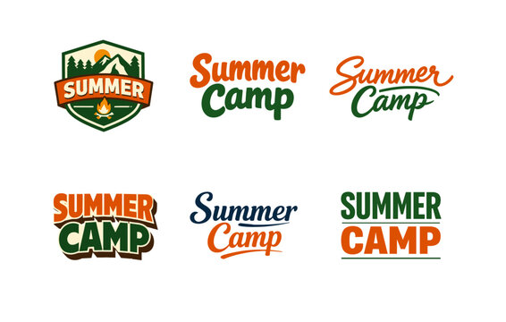 Colorful summer camp logos collection with bold text and iconic designs