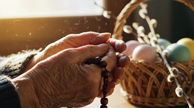 Elderly hands clasping rosary beads in prayer. Devout senior holding beads over easter basket with dyed eggs and pussy willow branches. Religious faith and spring holiday tradition concept.