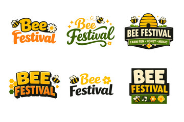Obraz premium Colorful bee festival logos with beehive and flowers