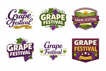 Obraz premium Colorful grape festival logos with vine and vineyard elements