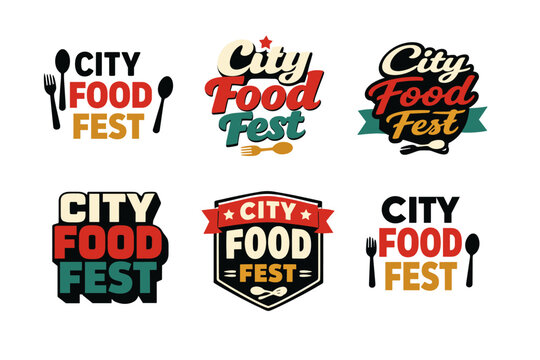 City food fest logos set with utensil elements in bold colors