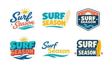 Fototapeta premium Colorful surf season logos with waves and surfboards