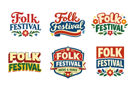 Colorful vintage folk festival logos with floral and musical themes