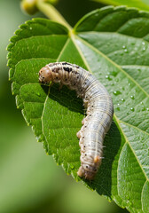 Obraz premium Silkworm caterpillar on green leaf with water drops, macro close-up of silk moth larva feeding on foliage, detailed insect larva texture in natural environment