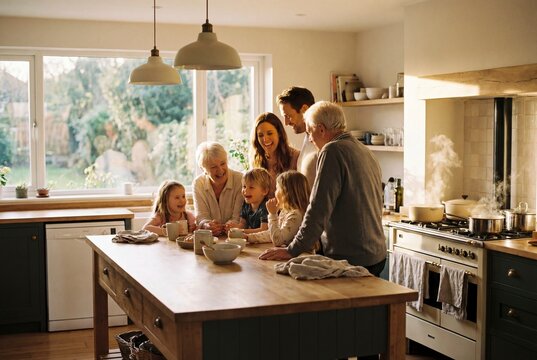 Happy multi generational family laughing and cooking together in cozy kitchen