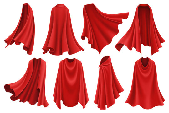 A set of red capes on transparent background, flowing in various directions, designed as a vector graphic illustration