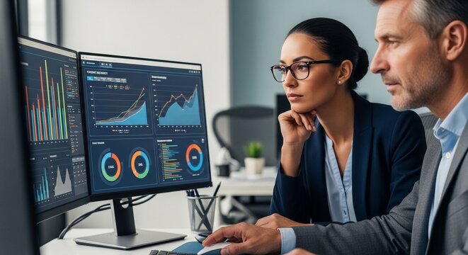 Business team analyzing data on multiple screens in modern office