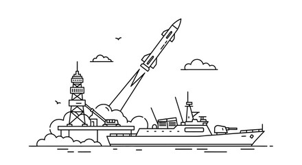 Military Warship Launching Missile from Sea Base Line Art, isolated white background. © Anisa