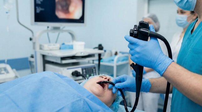 Gastroenterologist performing an upper gastrointestinal endoscopy procedure on a patient in a modern hospital clinic.
