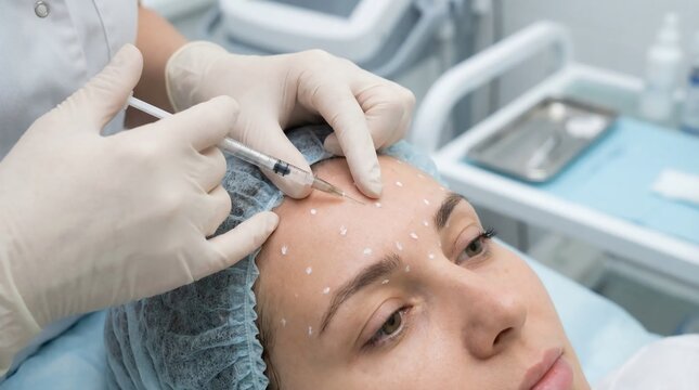Aesthetic cosmetologist performs a facial rejuvenation injection on a female patient in a beauty clinic.