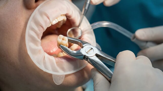 Dentist performing a tooth extraction procedure on a patient in a clinic.