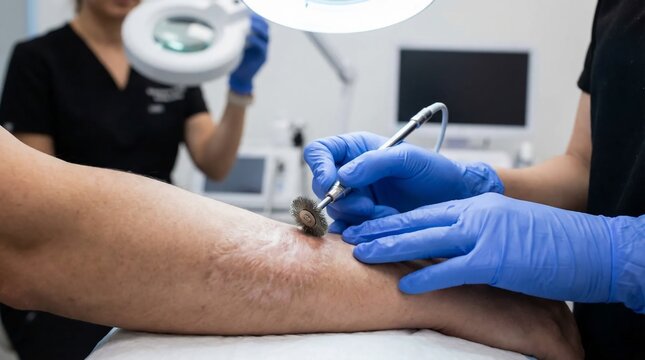 Dermatologist using an electrocautery pen to remove a nevus on a patients arm in a modern clinic.