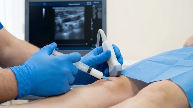 Doctor performing an ultrasound guided injection into a patients knee joint for pain relief therapy.