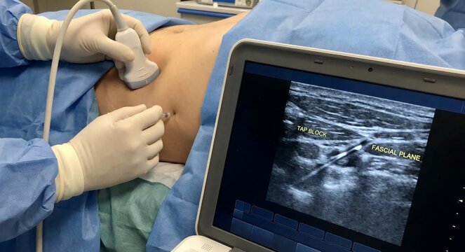 Doctor performing an ultrasound-guided injection procedure on a patient.