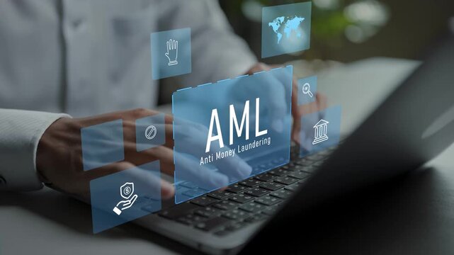 Anti money laundering monitoring system concept. Person using laptop with financial audit and security icons, suspicious transaction analysis, regulatory reporting and financial protection.