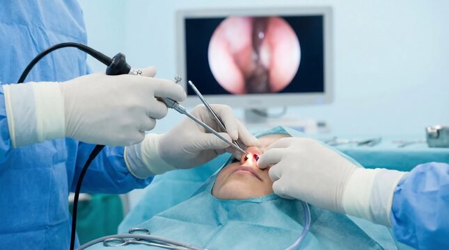 Surgeons performing endoscopic nasal surgery with a monitor displaying the procedure in the operating room.