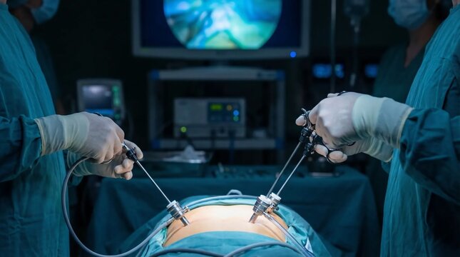 Surgeons performing minimally invasive laparoscopic surgery in a modern operating room.