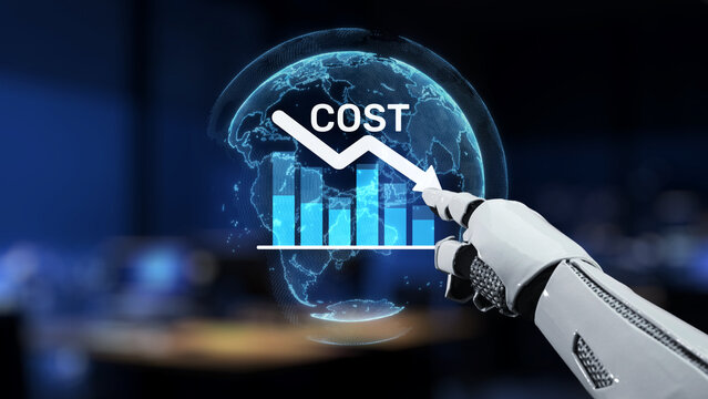 A robotic hand points at a graphic indicating cost reduction alongside financial data visualization, symbolizing advanced technology in modern business and analytics. Synapse