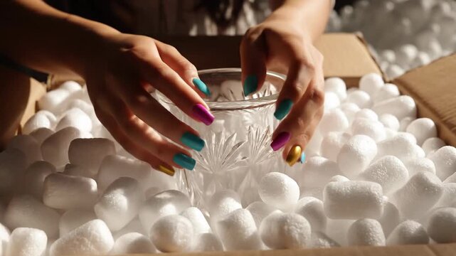 Hands carefully packing delicate glass vase into protective foam peanuts in cardboard box