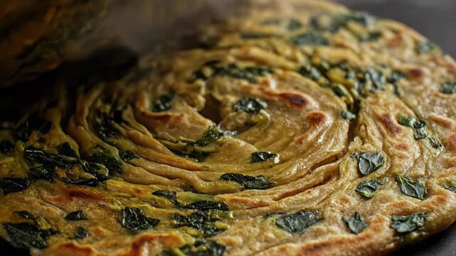 Close up macro shot of a golden brown spinach paratha cooked on a griddle glistening with oil and herbs served on a dark plate with soft natural lighting