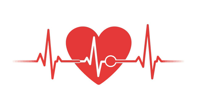 Heartbeat graph with red heart and white line on white background