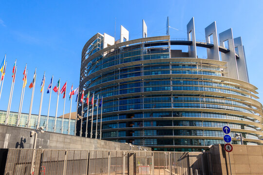 Facade of Louise Weiss building, inaugurated in 1999, official seat of European Parliament which houses the hemicycle for plenary sessions in Strasbourg, France