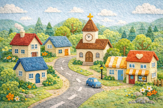 Colorful Small Town with Church and Winding Road Illustration