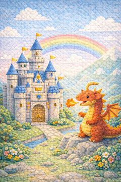 Cute Fantasy Dragon and Fairy Tale Castle with Rainbow