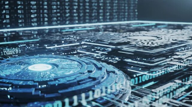 Abstract blue futuristic digital circuit board with binary code and glowing data processing elements symbolizing technology and innovation