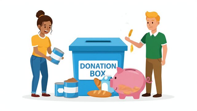 People Donate Food Clothes Money To Blue Donation Box With Piggy Bank