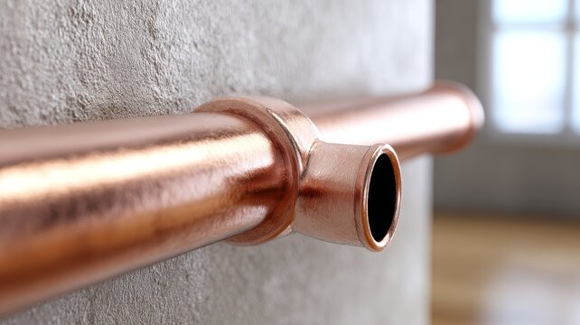 Close-up of copper pipe against concrete wall in modern home